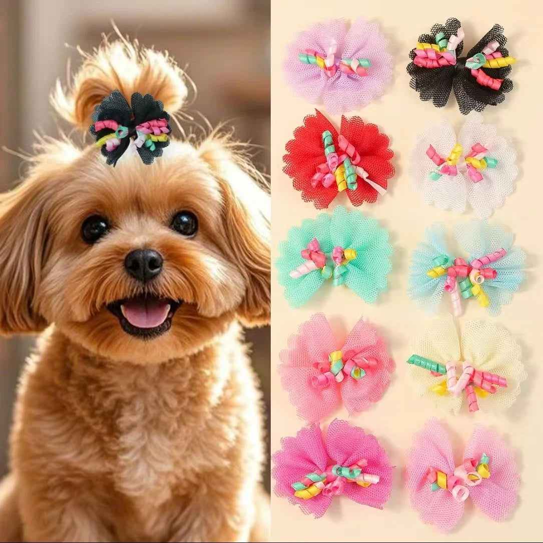 5/10/20pcs Lace Dog Hairbows Dog Bows With Volumes Ribbon Grooming Pet Hair Bowknot With Rubber Bands For Small Dog Pet Products