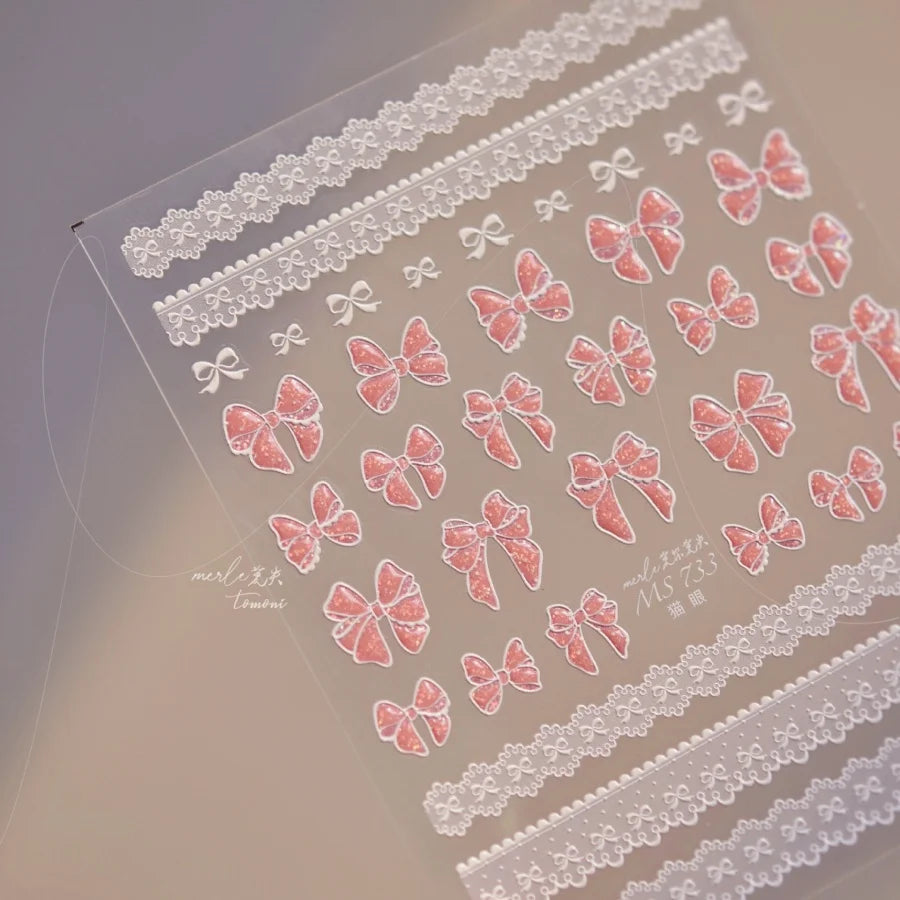 1pcs Sweet Pearl Lace Bow Nail Stickers Love Heart Pink White Black Lace Bow Self Adhesive Nail Art Decorations Decals Accessory