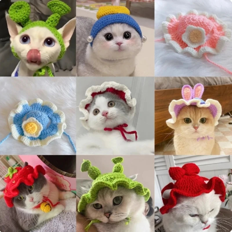 Cute Cat Hat Funny Pets Party Cosplay Headwear Delicate Hemming Pendant Decor Elasticity Knitted Hat Pet Accessories