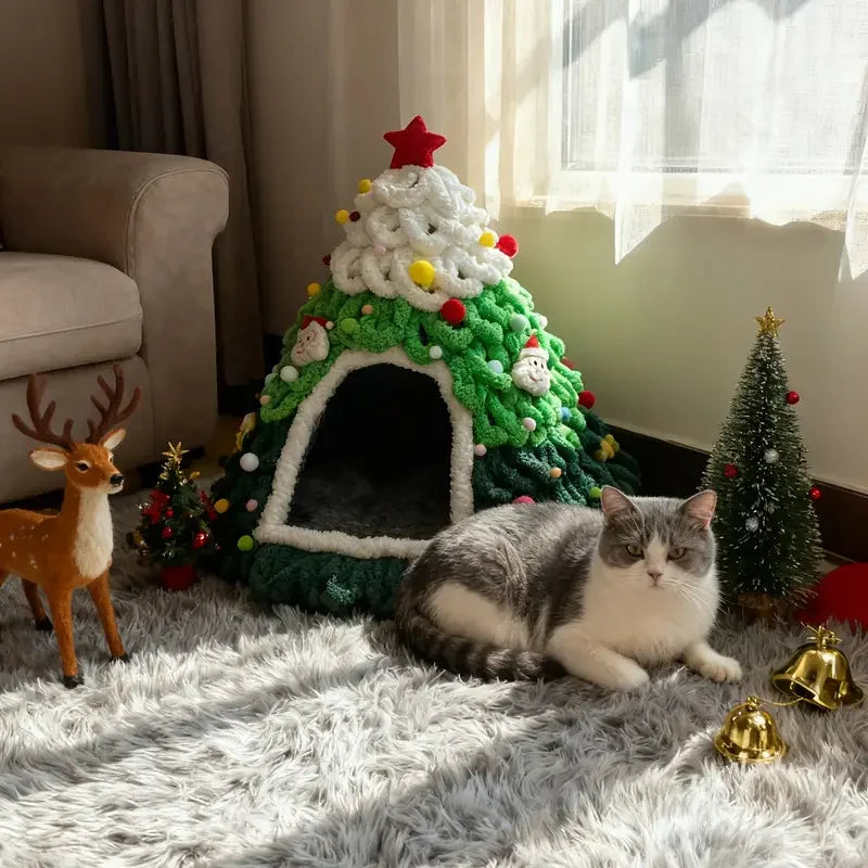 Finished Product Christmas Tree Cat Nest Cat House/ Winter Warmth Closed Security Cat Bed Weave Pet Tent No Need To Make고양이 굴