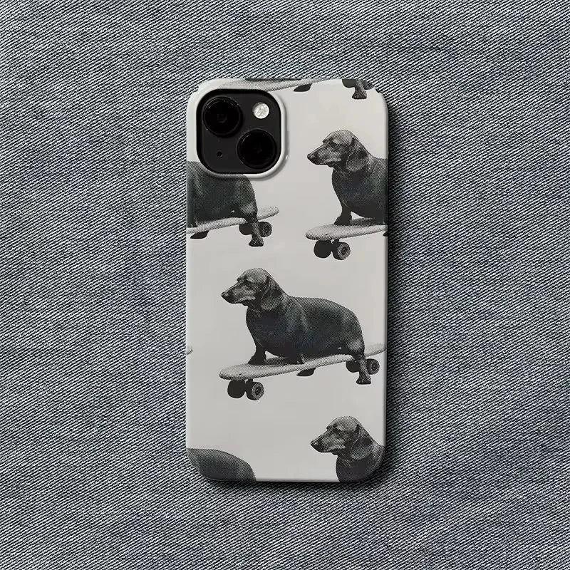 Playful Dachshund Skateboard Black & White Dog Skating Phone Case For iPhone 17 Air 16 E 15 14 13 12 11 Pro Max Plus Cover