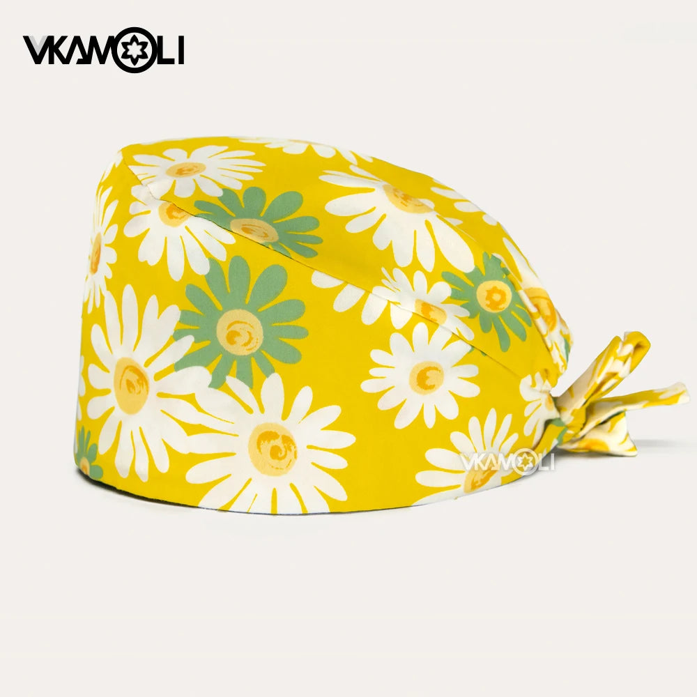 Women's Cotton Scrubs Caps Sweat-Absorbent Elastic Section Pet Grooming Nursing Work Hats Lab Flower Print Scrub Hat Wholesale