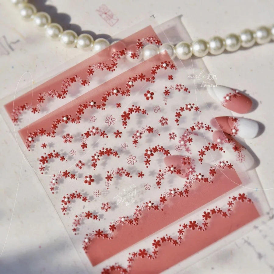 1pcs Sweet Pearl Lace Bow Nail Stickers Love Heart Pink White Black Lace Bow Self Adhesive Nail Art Decorations Decals Accessory