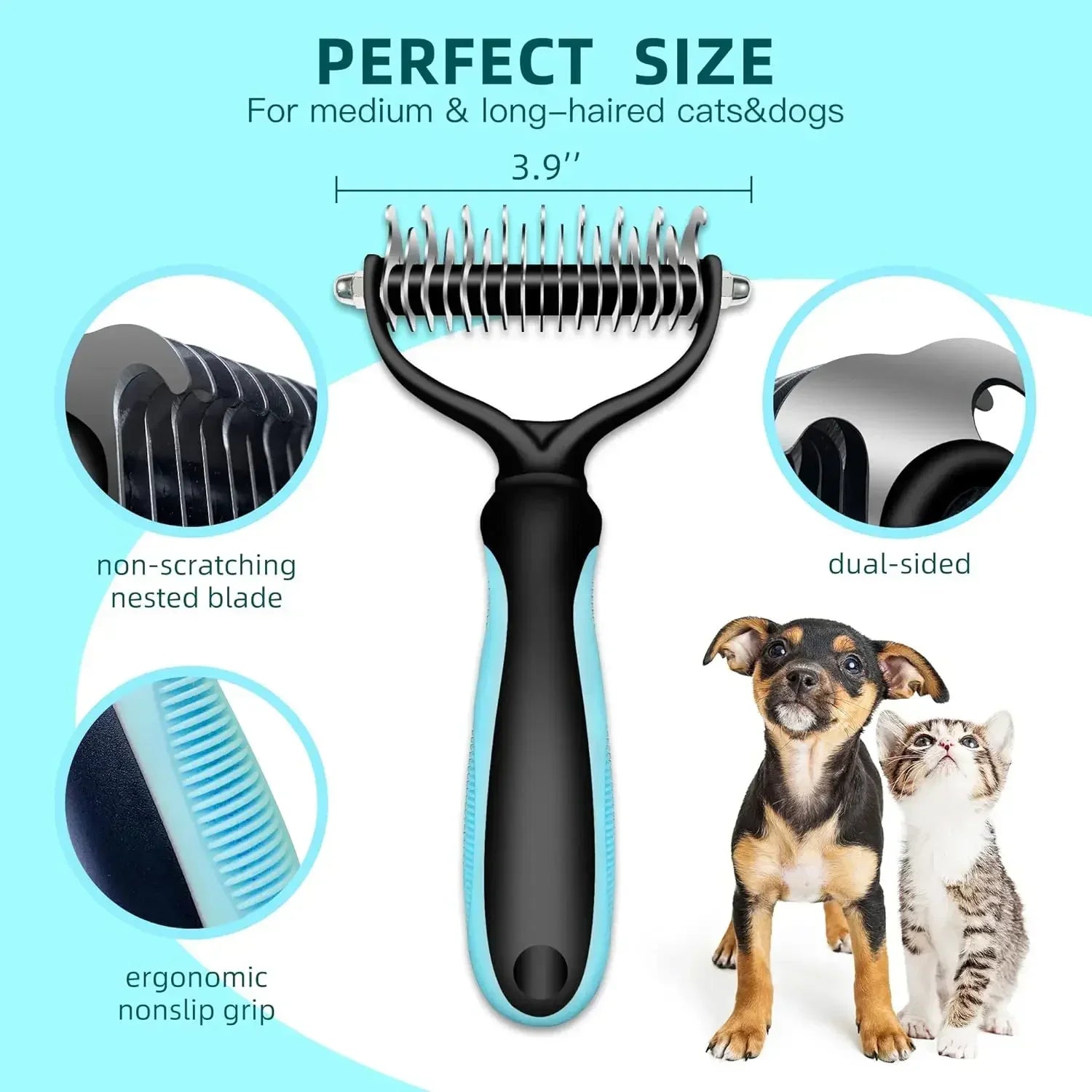 Cat Hair Removal Comb, Double Sided Stainless Steel Pet Grooming Brush for Dogs Cats, Removes Tangles Shedding Pet Accessories