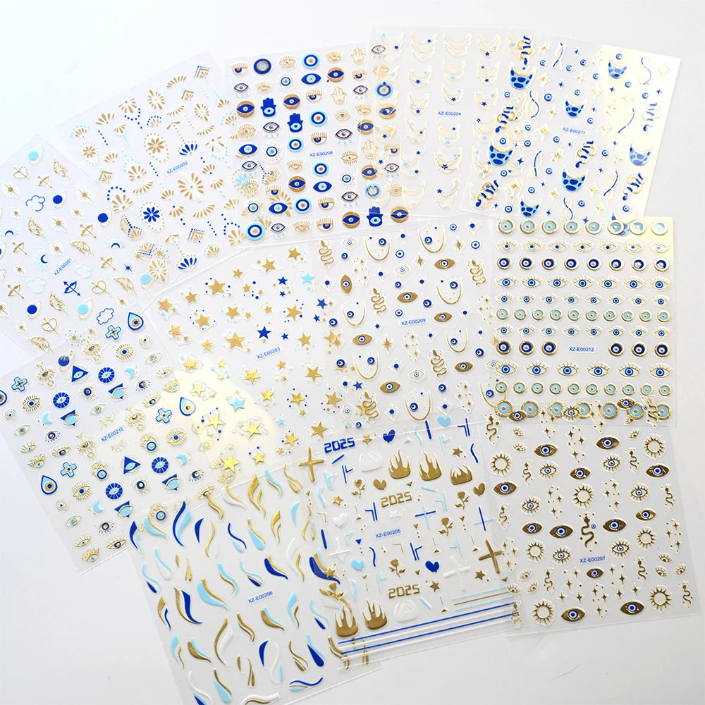 1pc 3D Eyes/Stars/Snake Designs Nail Stickers Angel Eye Nail Art Decor Golden & Blue Evil Eye Designs Manicure DIY Accessories *