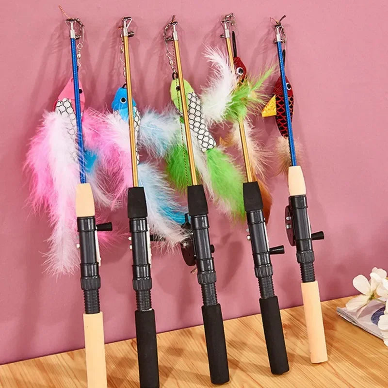 M Cat Rods Retractable Cat Toy Fish Type Telescopic Feathers Funny Cat Stick Toys Pet Toy for Kitten Simulation Fishing Rod Play