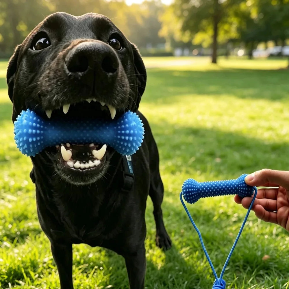 Dog Toothbrushing Chew Toy with Interactive Tug Rop Rubber Bone Teeth Cleaning Toy  for Small Medium Dogs Grinding Outdoor Play