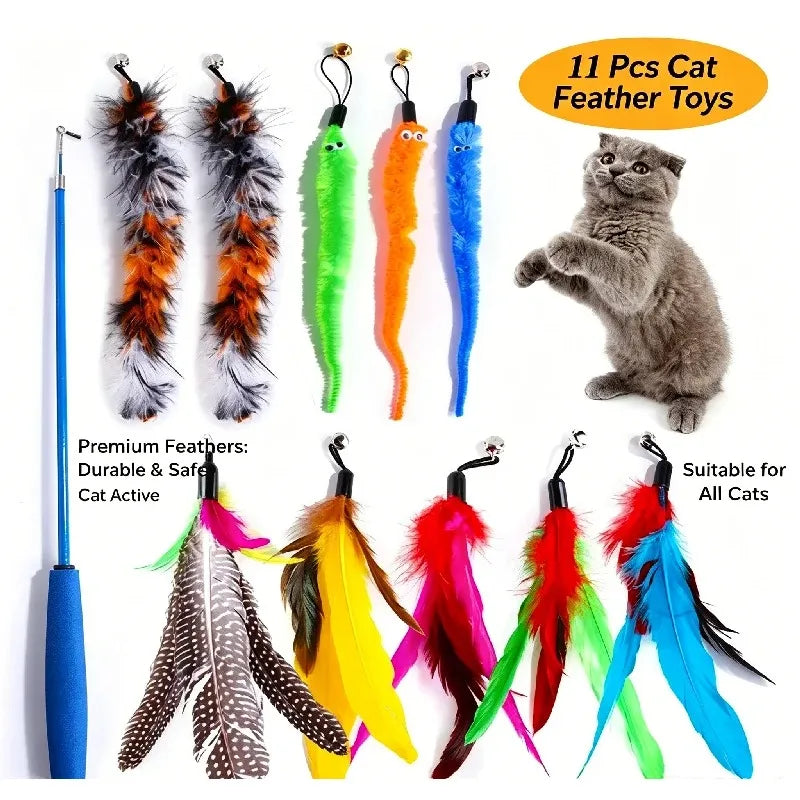 11Pcs Replacement Cat Feather Toy Set Feather Replacement Heads Fit Retractable Cat Wand Stick Pet Cat Supplies