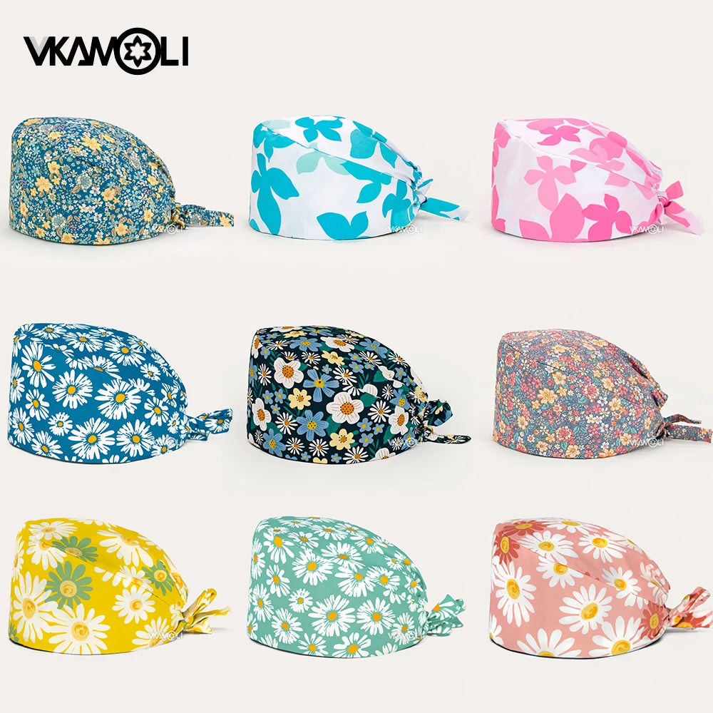 Women's Cotton Scrubs Caps Sweat-Absorbent Elastic Section Pet Grooming Nursing Work Hats Lab Flower Print Scrub Hat Wholesale