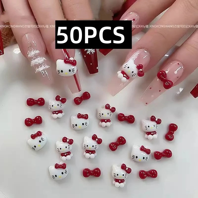70/50Pcs Hello Kitty Cat Nail Charms Cute Mix Color 3D Heart and Bowtie Nail Art Accessories for a Stylish and Adorable Manicure