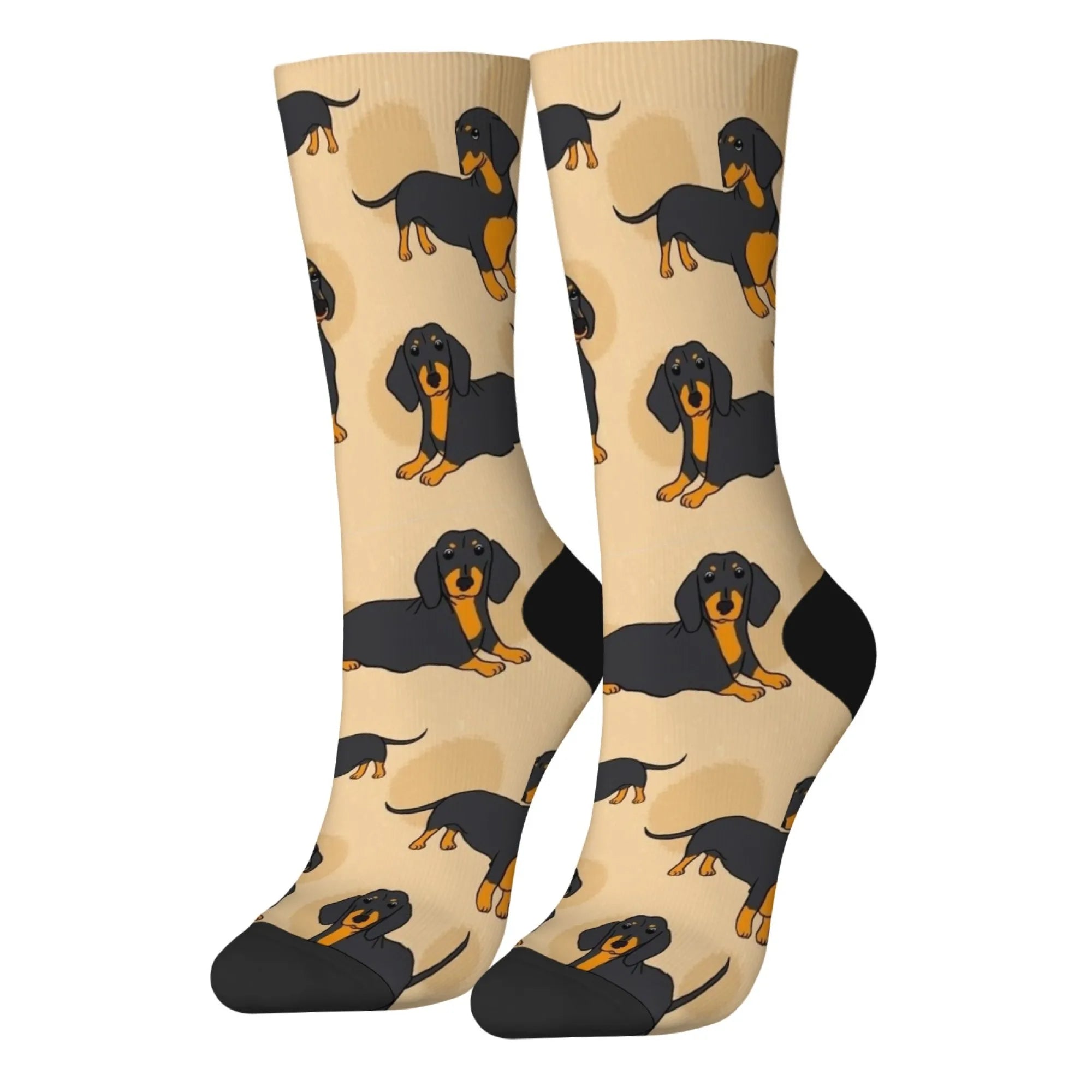 1 Pair Funny Dachshund Dog Men Socks Cute Retro Harajuku Black & Tan Dogs on Novelty Gift for Dog Owner Wear Playful Design
