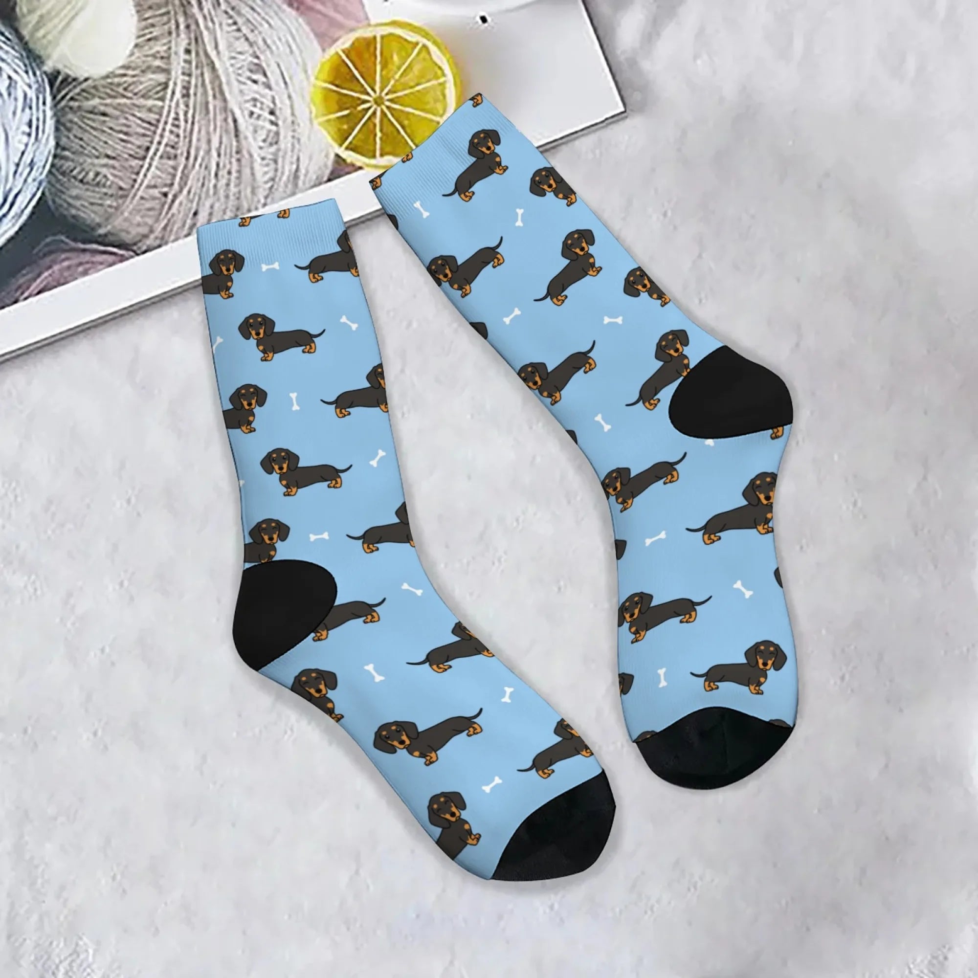 1 Pair Funny Dachshund Dog Men Socks Cute Retro Harajuku Black & Tan Dogs on Novelty Gift for Dog Owner Wear Playful Design