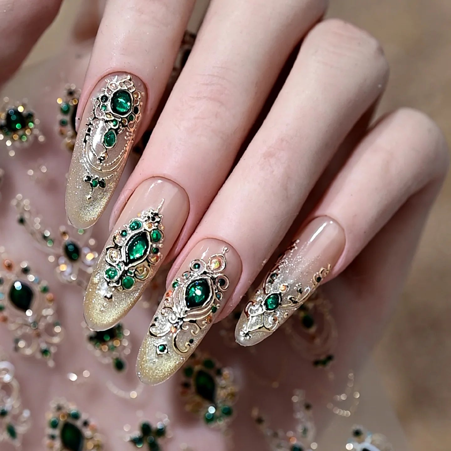 5D Luxurious Emerald Ruby Baroque Scepter Nail Stickers Shiny Palace Imitation Gemstone Jewelry Manicure DIY Decals Accessories
