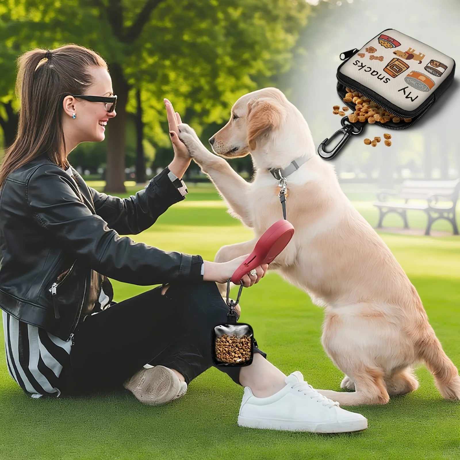 1pc Dog Print Dog Treat Bag with Hook and Zipper - Pet Training Set, Puppy Pet Training Walking Bag, Dog Training Accessories
