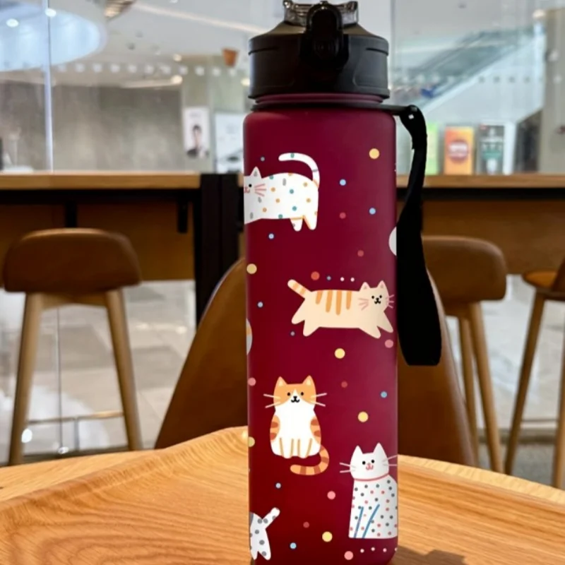 3D Printed Cute Cartoon Cat PVC-Free, Leak-Proof, Matte Finish 750ML Water Bottle,Includes Carry Loop Outdoor Activities