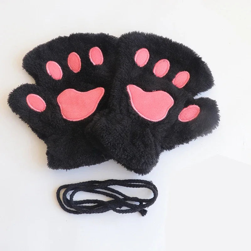Women Winter Fashion Plush Gloves, Cat Paw Design Half-finger Warm Gloves, Suitable for Office Use Cycling Outdoor Activities