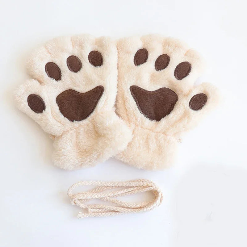 Women Winter Fashion Plush Gloves, Cat Paw Design Half-finger Warm Gloves, Suitable for Office Use Cycling Outdoor Activities