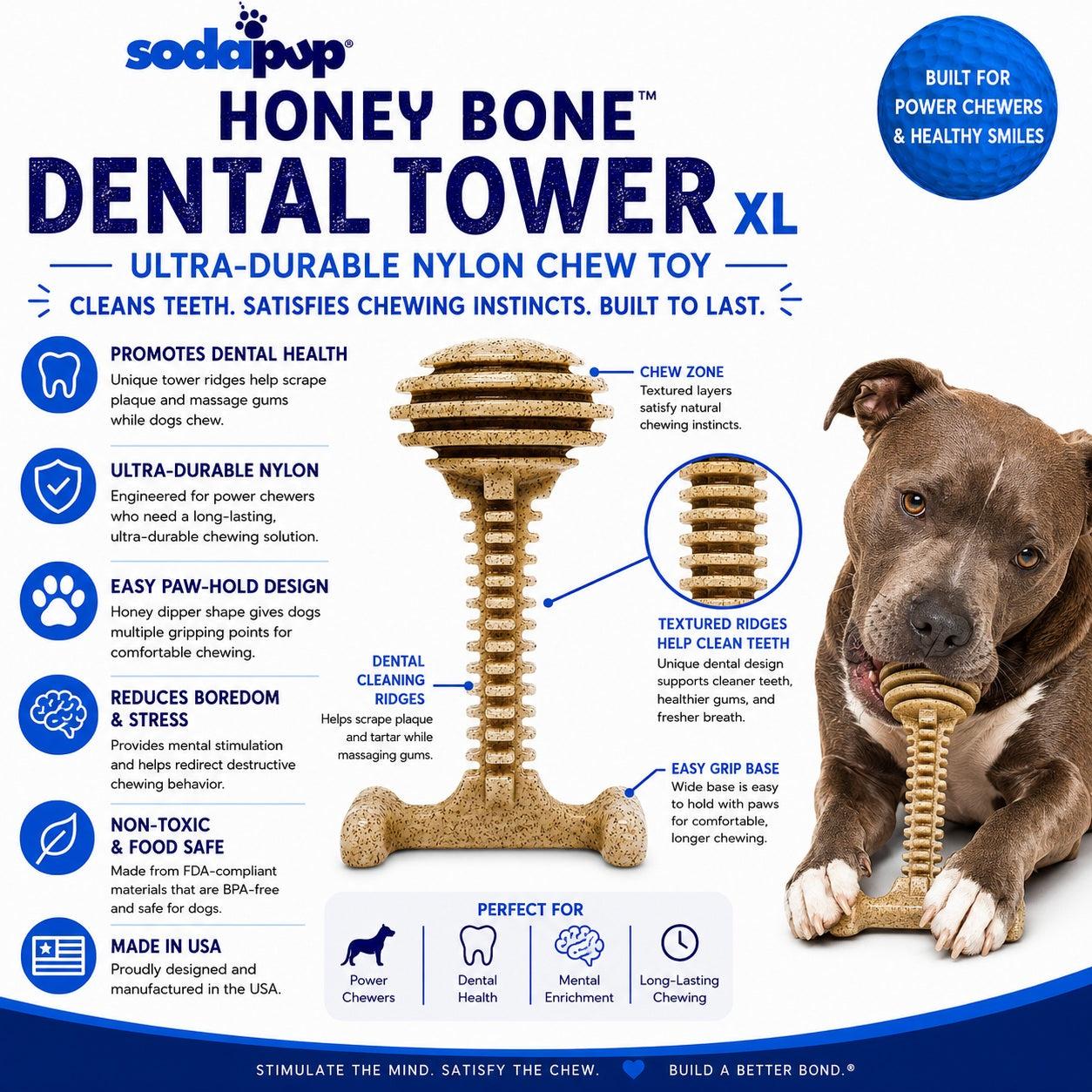 Honey Bone Dental Tower - Durable Nylon Dog Chew Toy XL | USA Made