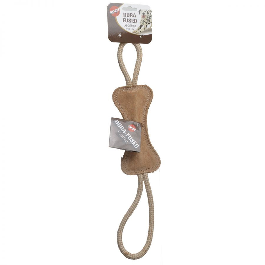 Spot Dura-Fused Leather Bone Tug - Dog Toy With Squeaker And Double Rope Handles, Made With Real Leather And Jute Fabric For Aggressive Chewers, Durable Tug Toy For Dogs And Puppies, Large - 18In