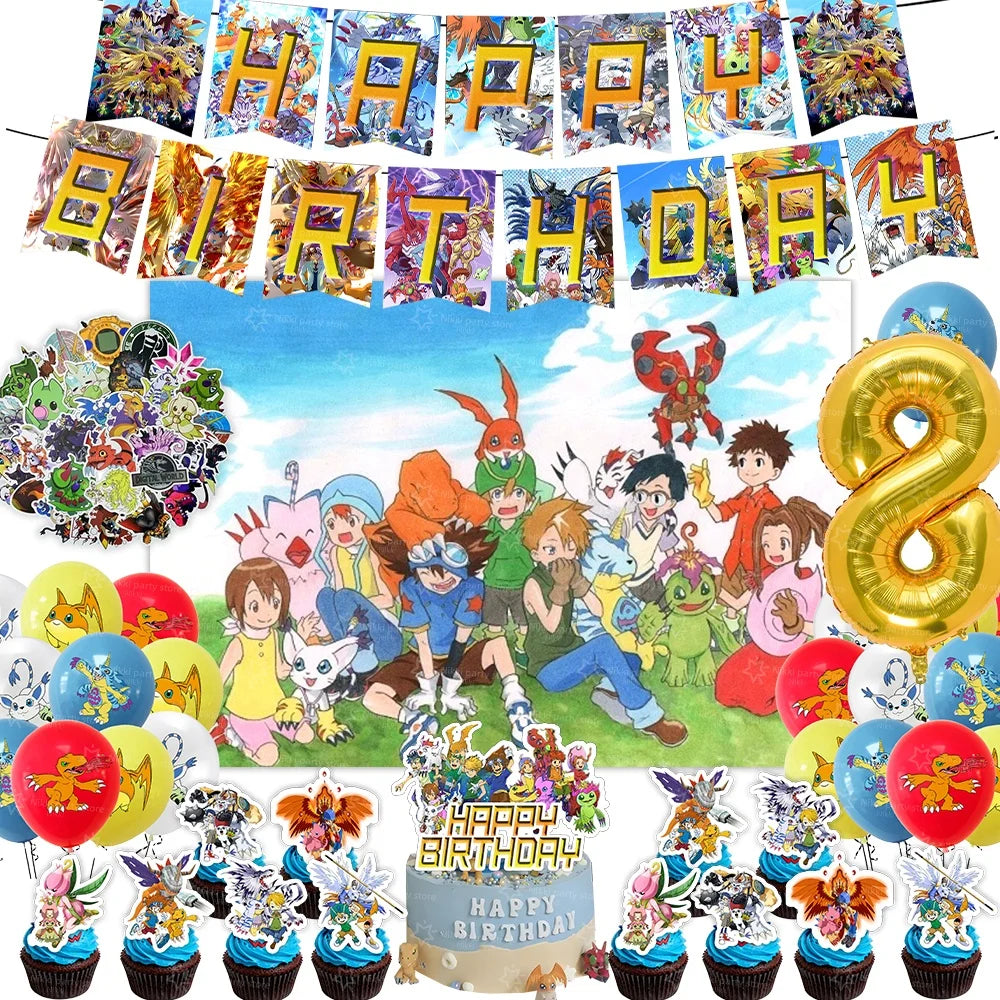 Digimon Birthday Decoration Cartoon Pet Party Favors Balloons Backdrop Banner Cake Decoration Baby Shower Supplies Gifts Toys