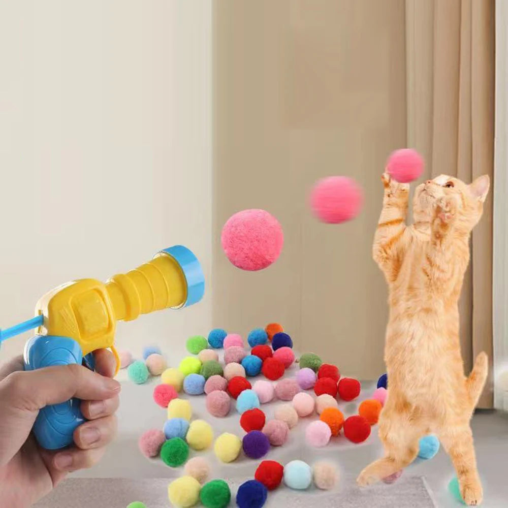 Random Cat Toy Interactive High Fun Toy Gun Plush Ball Firing Gun Silent Polyester High Bounce Ball Fun Cat Stick