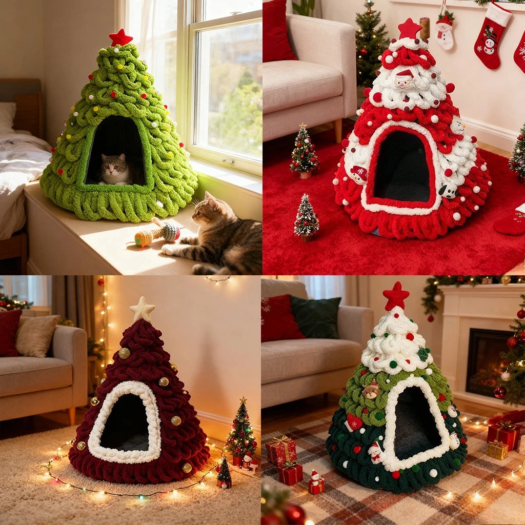 Finished Product Christmas Tree Cat Nest Cat House/ Winter Warmth Closed Security Cat Bed Weave Pet Tent No Need To Make고양이 굴