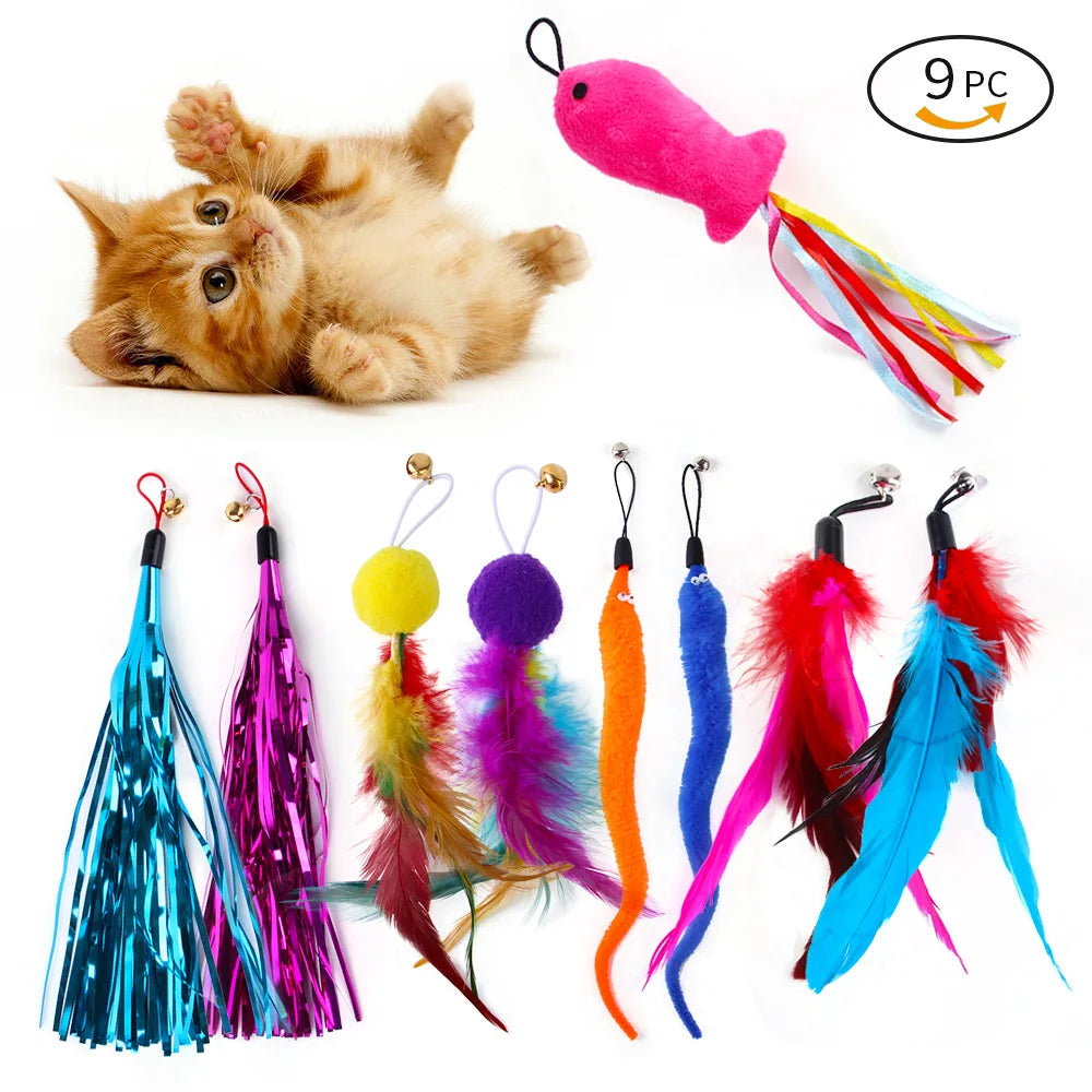9 Pack Colorful Feather Replacement Head Funny Cat Stick Tassel Feather Fishing Rod Cat Toy Set Cat Toys Interactive