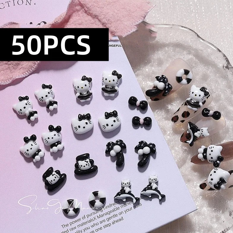 70/50Pcs Hello Kitty Cat Nail Charms Cute Mix Color 3D Heart and Bowtie Nail Art Accessories for a Stylish and Adorable Manicure