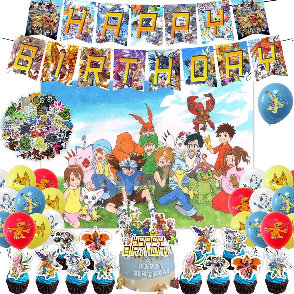 Digimon Birthday Decoration Cartoon Pet Party Favors Balloons Backdrop Banner Cake Decoration Baby Shower Supplies Gifts Toys
