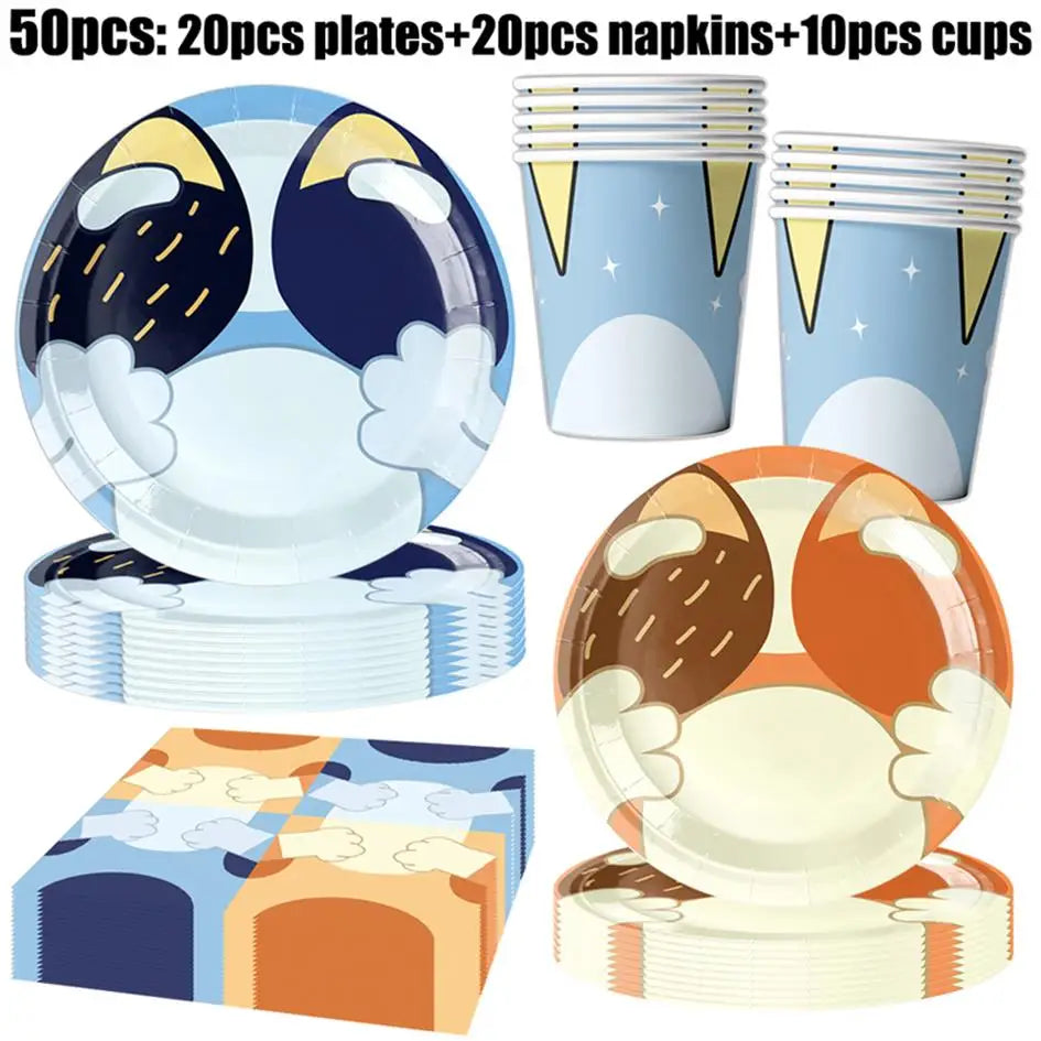 New Cartoon Cute Dog Birthday Party Decoration Kit Blue Dogs Theme Happy Birthday Plates Napkins Cups Tableware Supplies For Kid
