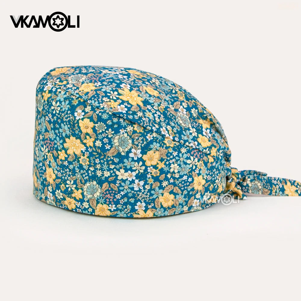 Women's Cotton Scrubs Caps Sweat-Absorbent Elastic Section Pet Grooming Nursing Work Hats Lab Flower Print Scrub Hat Wholesale
