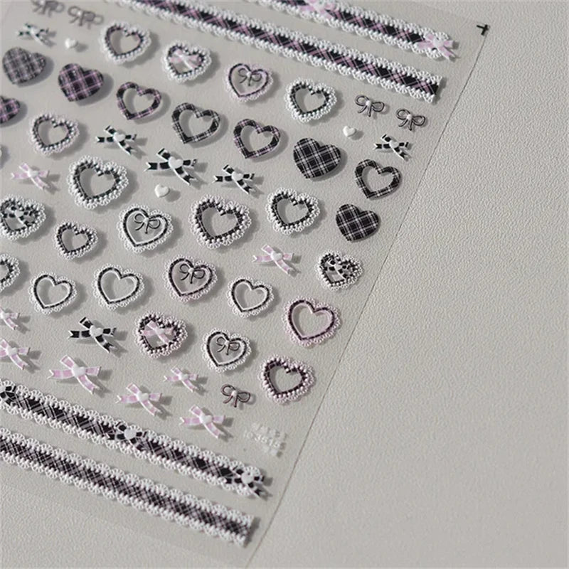 1pcs Sweet Pearl Lace Bow Nail Stickers Love Heart Pink White Black Lace Bow Self Adhesive Nail Art Decorations Decals Accessory