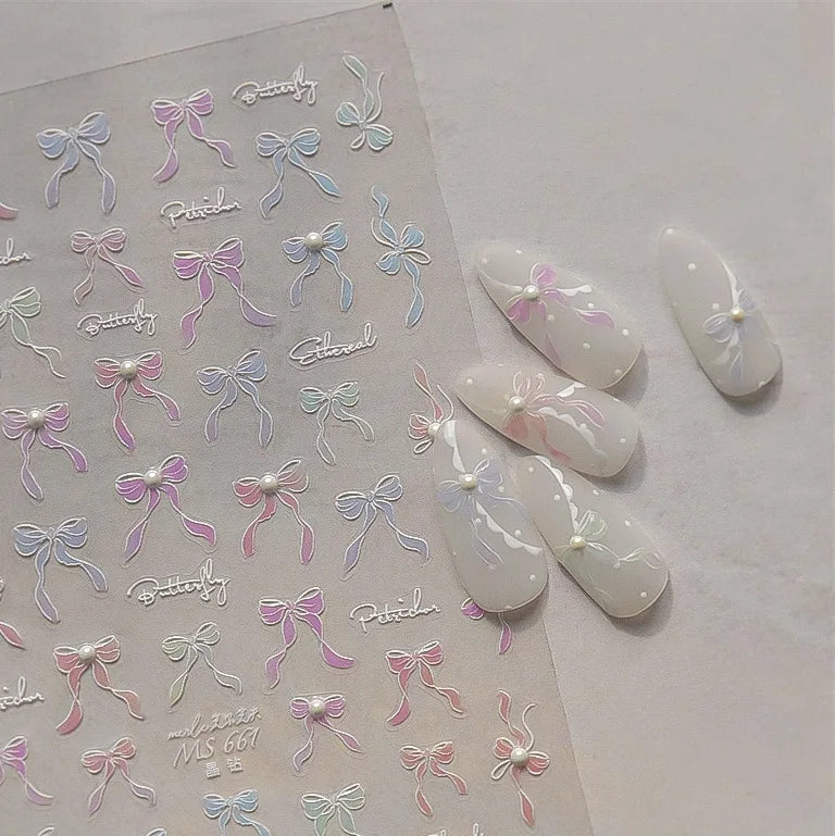 1pcs Sweet Pearl Lace Bow Nail Stickers Love Heart Pink White Black Lace Bow Self Adhesive Nail Art Decorations Decals Accessory