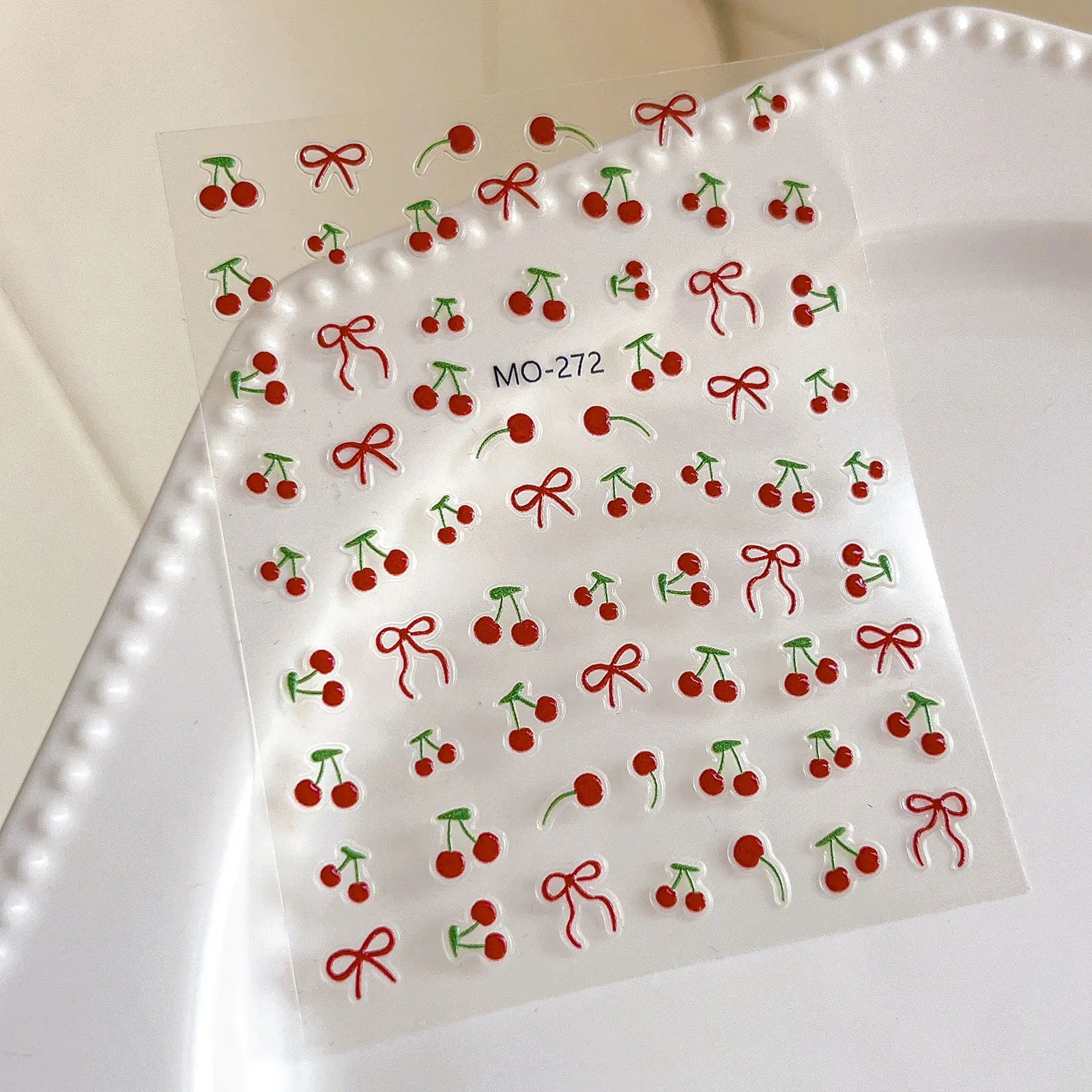 Kawaii Cherry Bow Nail Stickers 5D French Cute Red Bow Fruit Design Self Adhesive Decoration Nails Stickers DIY Nail Accessories