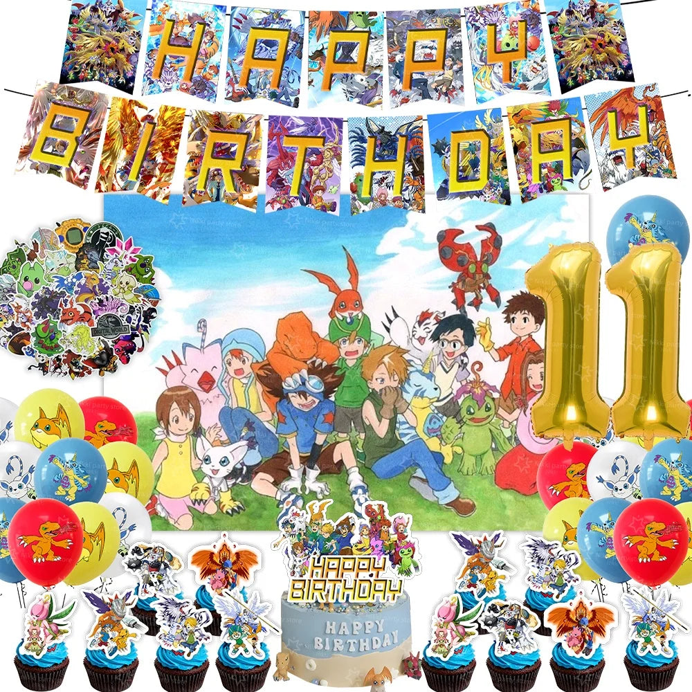 Digimon Birthday Decoration Cartoon Pet Party Favors Balloons Backdrop Banner Cake Decoration Baby Shower Supplies Gifts Toys