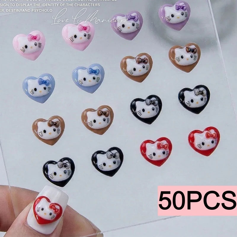 70/50Pcs Hello Kitty Cat Nail Charms Cute Mix Color 3D Heart and Bowtie Nail Art Accessories for a Stylish and Adorable Manicure