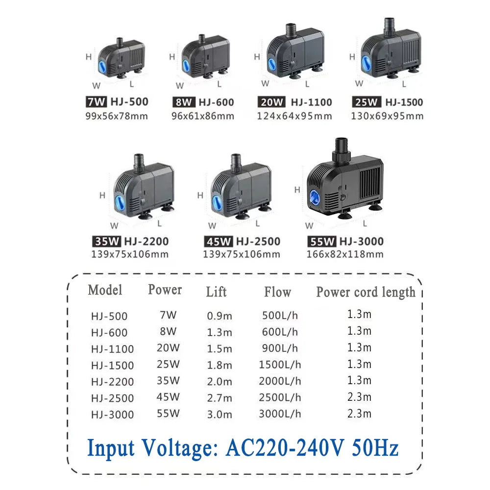 500—3000L/H Intelligent Fish Pond Aquarium Water Pump 220-240V 50Hz Ultra-Quiet Fish Tank Fountain Water Fountain Pump Filter