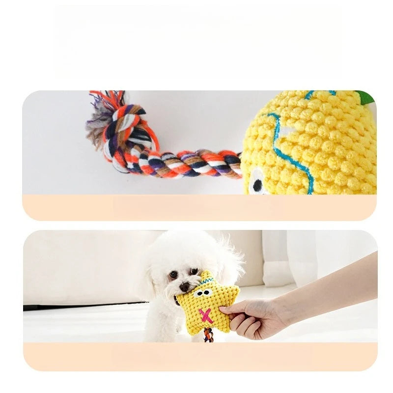 Corduroy Plush Dog Chew Toy with Cotton Rope Built-in Squeaker Tear Proof Interactive Teeth Grinding Play Supplies for Small