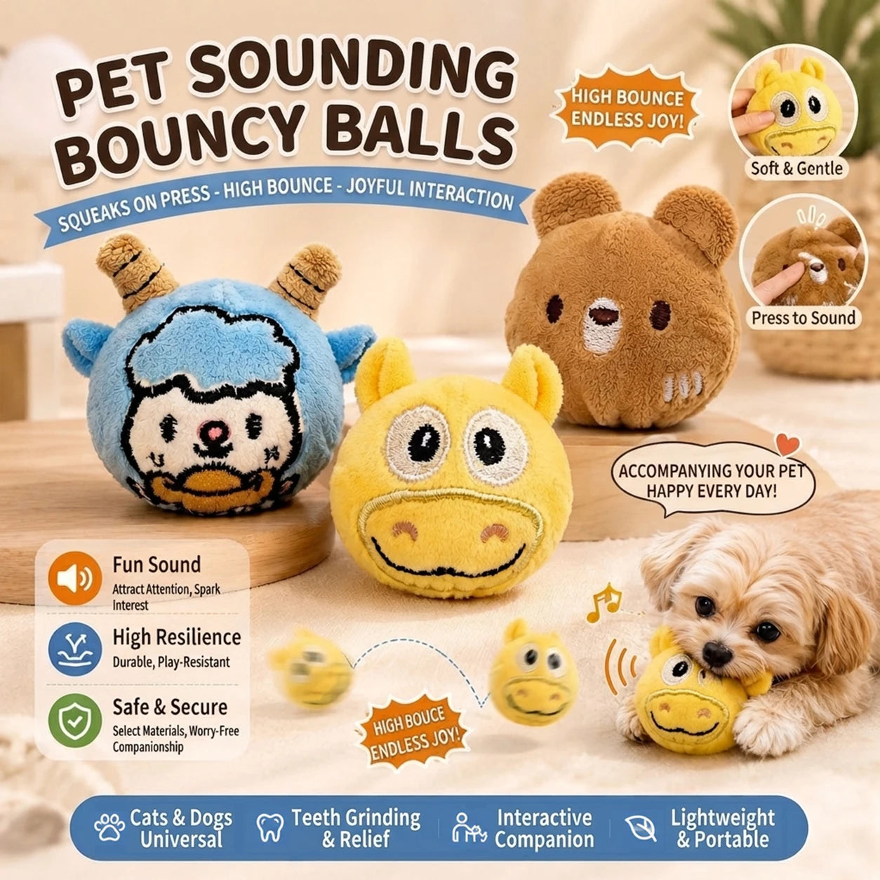 Cute Cartoon Plush Bouncy Ball Pet Toy Interactive Chew Toy for Dogs & Cats Ideal for Indoor Play of Small and Medium Pets