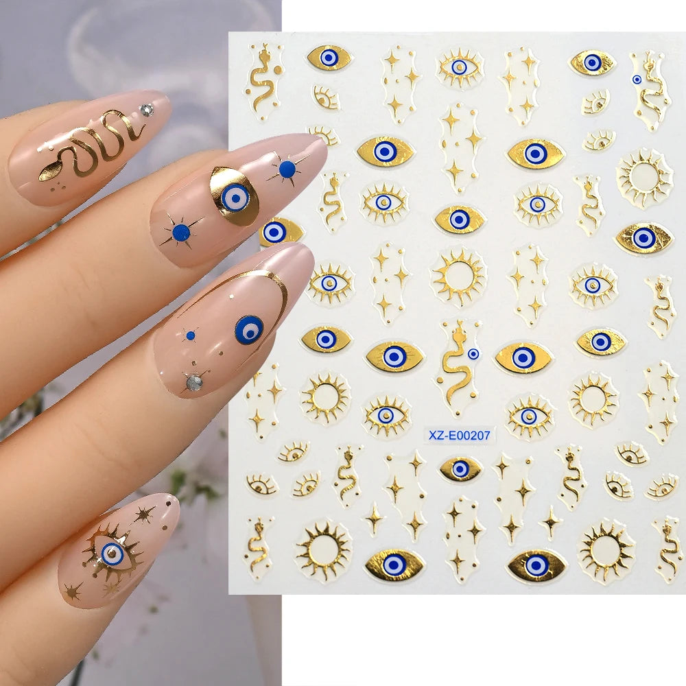 1pc 3D Eyes/Stars/Snake Designs Nail Stickers Angel Eye Nail Art Decor Golden & Blue Evil Eye Designs Manicure DIY Accessories *