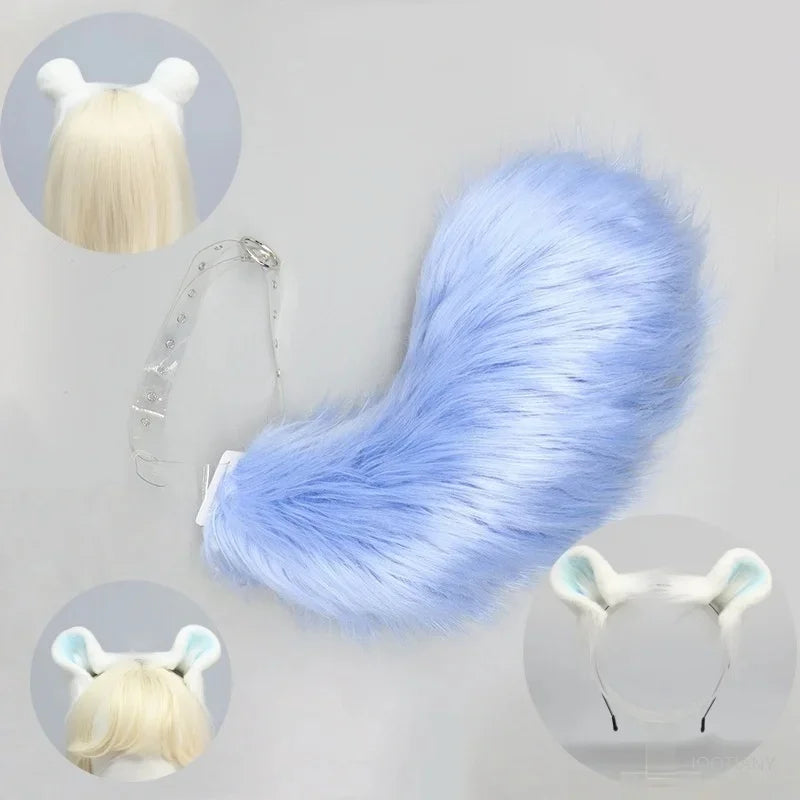 Halloween Cute Plush Animal Ears Headband Blue Dog Tail Role Play Props Lolita Girl Comic Exhibition Animal Ears Headdress Set