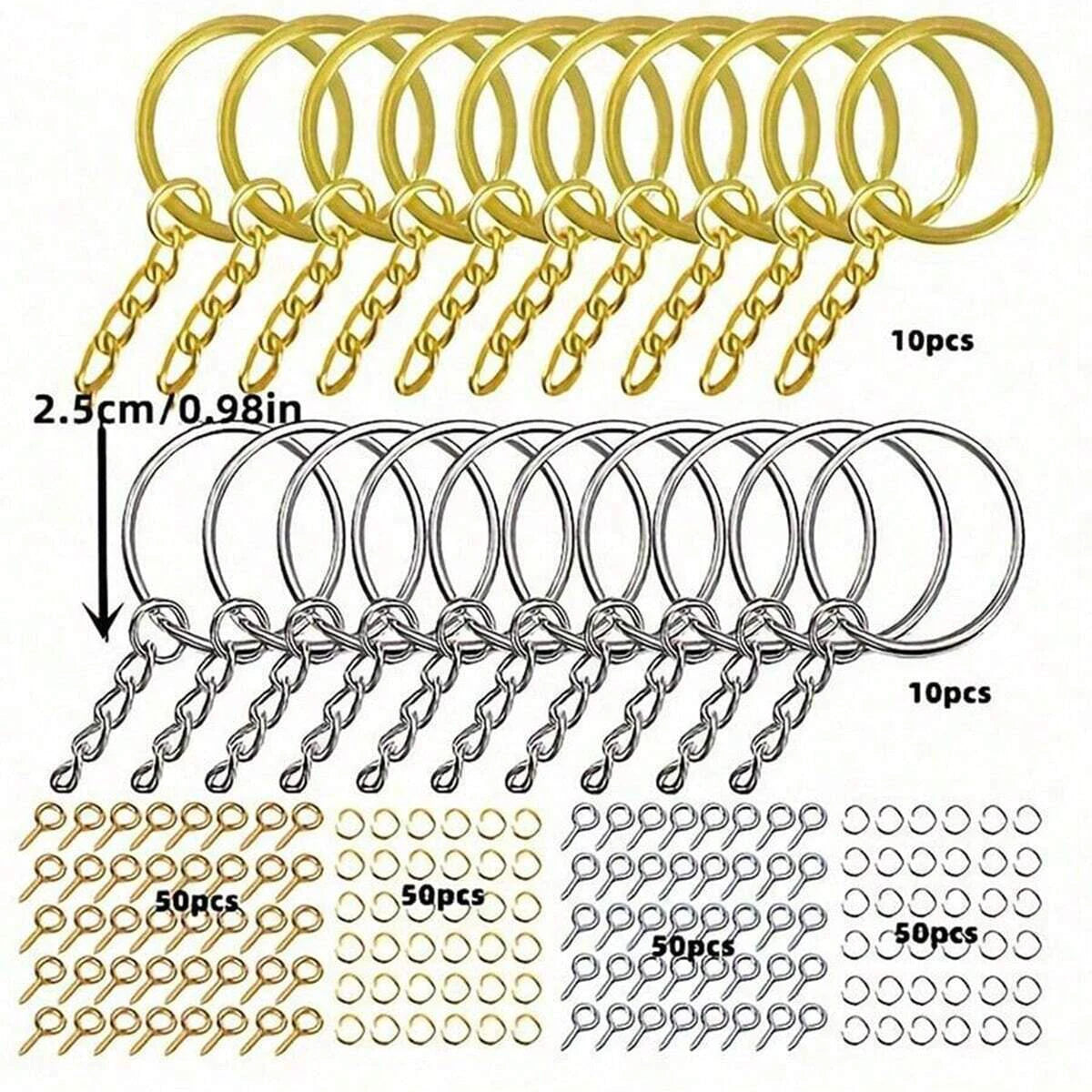 220pcs DIY Golden+Silvery Metal Keychains With Split Ring Link Silver Gold Color Pendants Holder Rings DIY Key Chains Jewelry