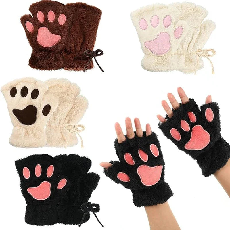 Women Winter Fashion Plush Gloves, Cat Paw Design Half-finger Warm Gloves, Suitable for Office Use Cycling Outdoor Activities