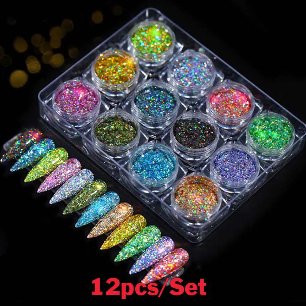 24pcs/Set Sparkly Holographic Fine Sugar Nail Powder Diamond Chrome Pigment Dust For Gel Polish Glitter Manicure Accessories