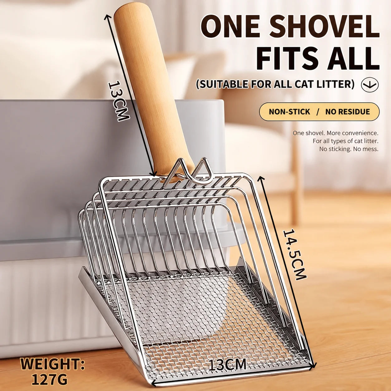 Cat Litter Shovel Wood Handle Metal Scooper with Hook Portable Stainless Steel Sifting Kitten Toilet Cleaning Tool Pet Products
