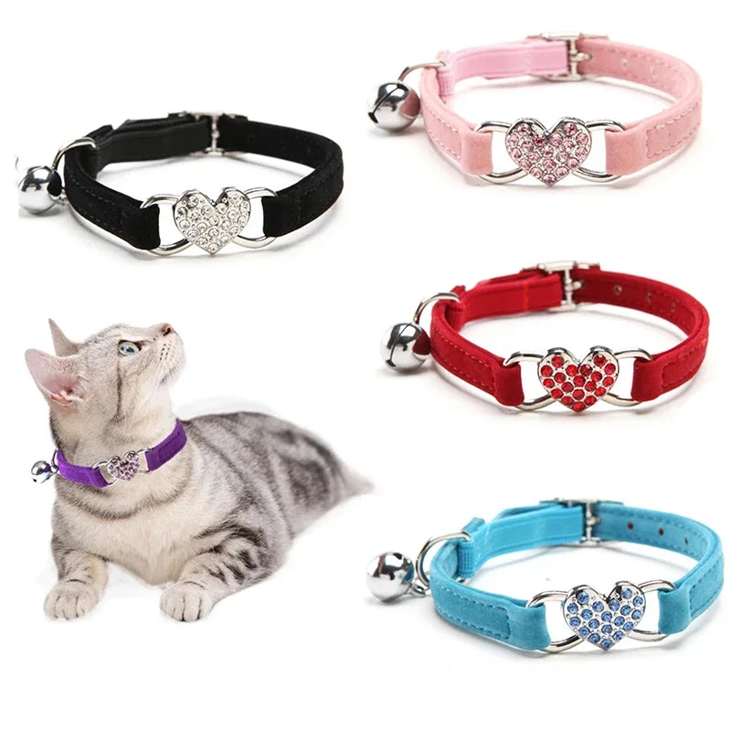 Heart Charm and Bell Cat Collar Safety Elastic Adjustable with Soft Velvet Material 8 Colors Pet Product Small Dog Collar Pet