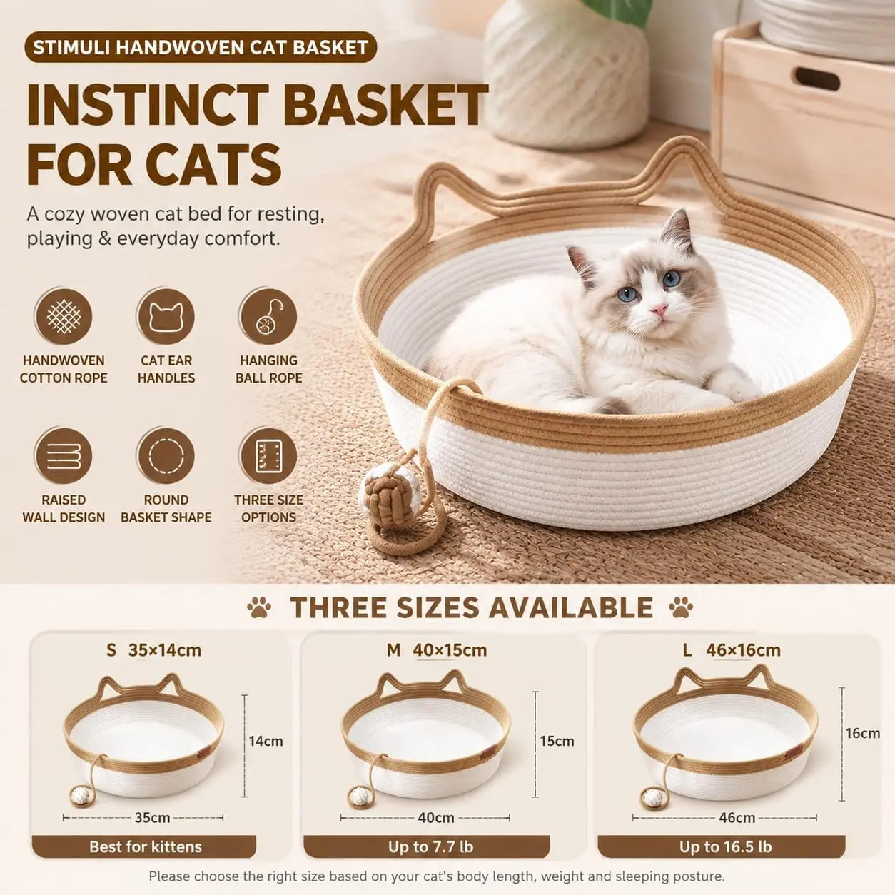 Cat Instinct Basket - Hand-woven Cotton Rope Fun Bed, Equipped with a Toy Tail, Suitable for Scratching and Interactive Pet