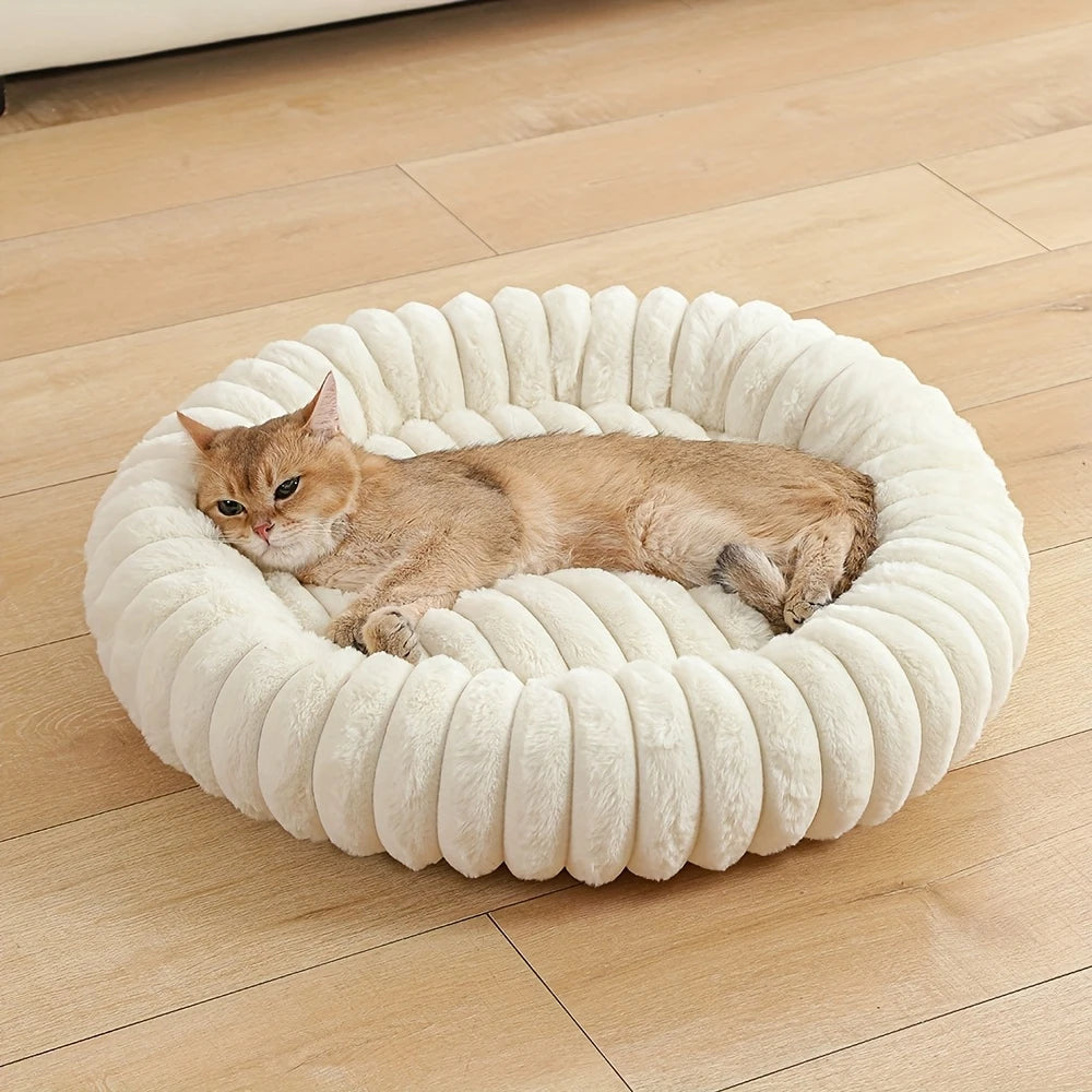 Warm Round Donut Cat Bed Vertical Striped Plush Raised Bolster Pet Bed Non Slip Washable Cozy Nest for Small Medium Dogs Cats