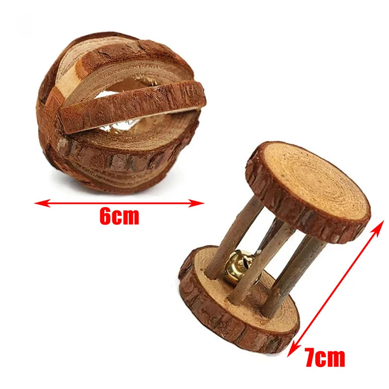 Guinea Pig Rabbit Hamster Small Animal Play Pet Roller Toys Natural Wooden Pine Dumbells Unicycle Bell Chew Chewing Braided Ball