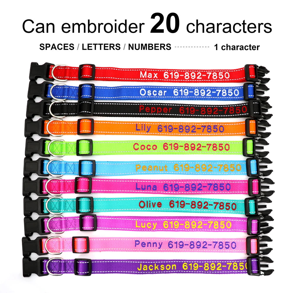 Reflective Nylon Dog Collar Personalized Embroidered ID Name Accessories Dog Collar Engraved Pet Puppy Nameplate Collars Perro